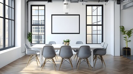 Wall Mural - modern minimalist conference room features sleek white table, gray ergonomic chairs, and natural lig