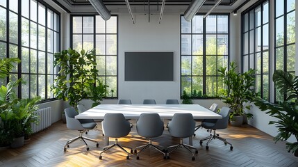 Wall Mural - modern minimalist conference room features sleek white table, gray ergonomic chairs, and natural lig