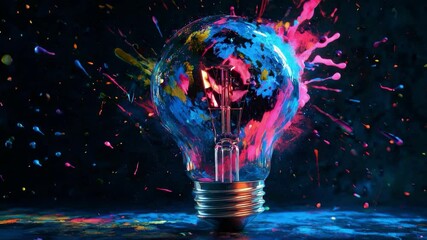 Poster - Glowing light bulb splattered with vibrant neon paint, creative energy concept