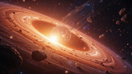 Wall Mural - Stunning Celestial Landscape of a Ringed Planet Illuminated by Nearby Star in Deep Space