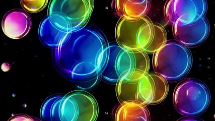 Poster - Colorful iridescent soap bubbles floating on black background, playful abstract art