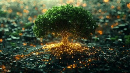 Poster - Lush green tree glowing with digital lights on circuit board, eco technology concept