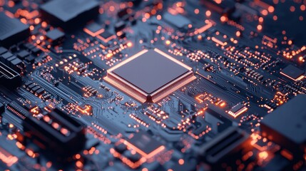 Wall Mural - abstract close-up of a circuit board with glowing elements and microchip