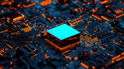 Futuristic Circuit Board with Glowing Elements and Technological Focus