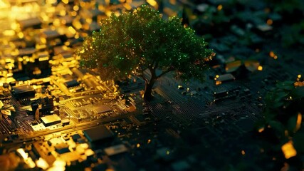 Poster - Tree illuminated on circuit board at night, glowing technology nature contrast