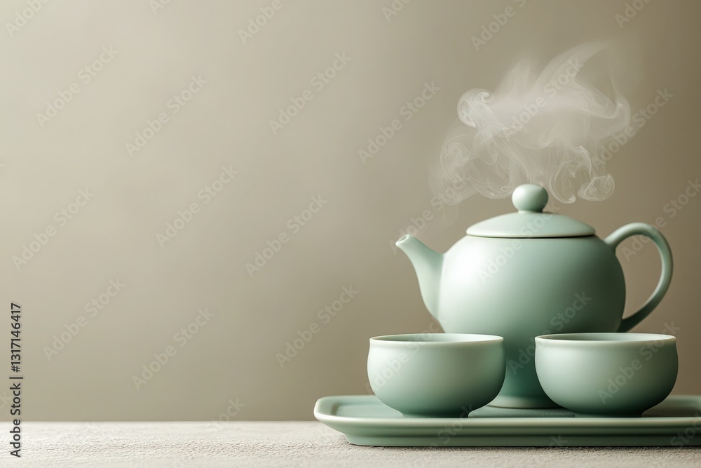 Light blue teapot with steam coming from it. Two matching cups are placed on a light blue tray. The set is on a neutral-colored surface with a light background.