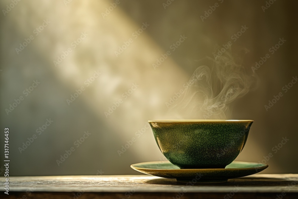 A small green ceramic teacup sits on a matching saucer. Steam rises from the hot beverage, illuminated by a ray of light. The scene is set against a blurred background.
