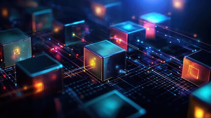Abstract Digital Network with Glowing Cubes and Connecting Lines in Blue Orange and Black
