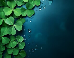 Wall Mural - dark green background with shamrock leaves and dew drops st patrick s day concept with copy space for text suitable for banner design dark blue and emerald colors