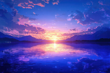 Wall Mural - Stunning sunset over a tranquil lake with vibrant colors reflecting on the water, surrounded by mountains and dramatic clouds in the sky.