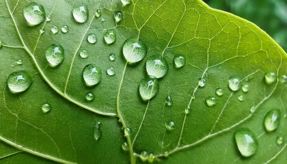 Wall Mural - a close up of a fresh green leaf with water droplets on it highlighting its vibrant texture this image is ideal for wellness nature themed projects or health related articles or websites