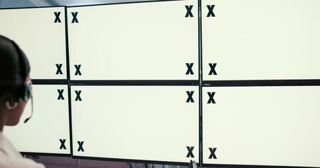 Poster - Computer screen, security and space for surveillance with woman in CCTV control room from back. Display, mockup and tracking markers on monitor for crime prevention or safety with person in headset