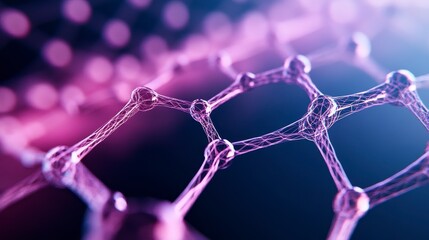 Abstract image of a purple and pink molecular structure with glowing nodes and connections against a blurred background