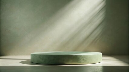 Poster - A Single Green Circular Platform In Front Of A Pale Green Wall With Diagonal Light Streaks From A Window