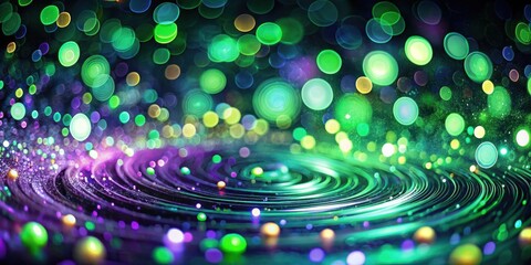 Fototapete - Abstract Cosmic Background with Vibrant Green and Purple Bokeh Lights and a Swirling, Multi-Layered Circular Design