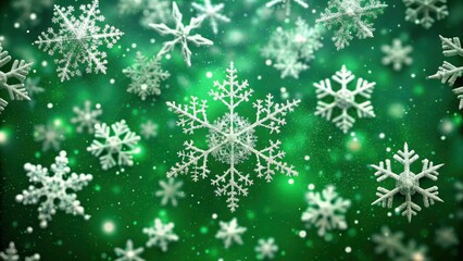 Poster - A festive background of snowflakes falling against a green backdrop with sparkling bokeh lights