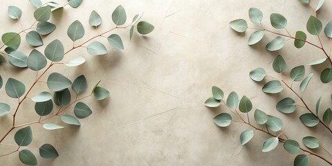 Aufkleber - A minimalist arrangement of delicate eucalyptus branches with soft, muted green leaves, creating a symmetrical pattern on a light beige background.
