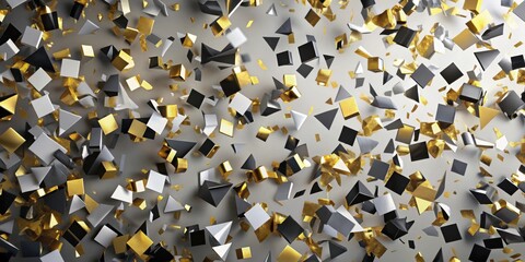 Fototapete - Abstract Geometric Pattern with Metallic Gold, Silver, and Black Shapes on a Light Gray Background