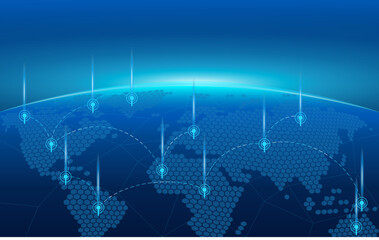 network background word map, world map in hexagon shape on blue technological background global netw