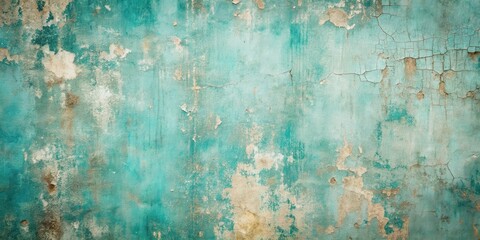 Aufkleber - A weathered teal wall with peeling paint, revealing a layer of aged concrete underneath, creating a rustic and textured backdrop.