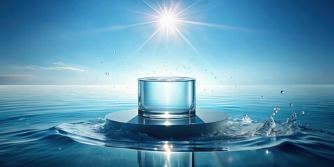 Leinwandbilder - A glass cylinder filled with water sits on a circular platform, floating on a body of water, illuminated by the sun shining brightly in the sky.