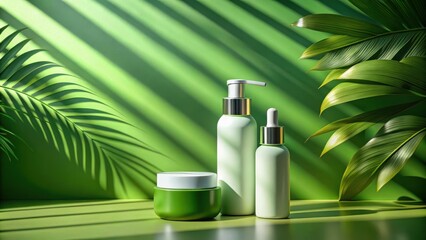 Fototapete - Green Skincare Products Displayed on a Green Background with Palm Leaves and Sunlight Shadows