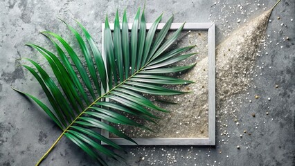 Poster - A single palm leaf rests on a concrete surface beside a gray picture frame with a sand-like surface inside. The frame is surrounded by small white and brown dots.