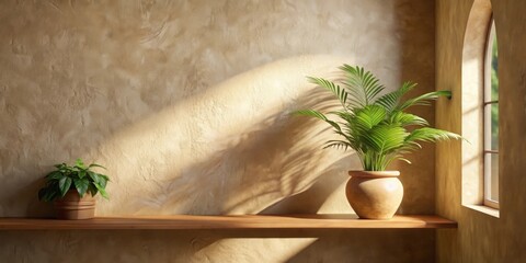 Aufkleber - Sunlight streams through a window, illuminating a wooden shelf with potted plants against a textured wall.