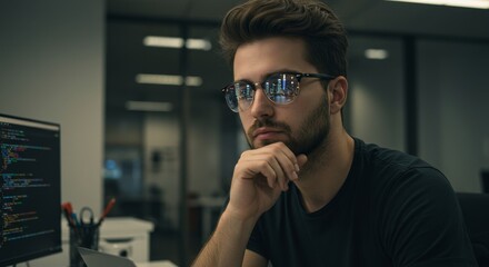 Focused Programmer Working Late - A young man with glasses intensely focused on his computer screen, deep in thought while working late