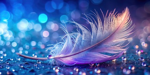 Fototapete - A delicate feather resting on a surface adorned with glistening droplets, capturing the ethereal beauty of nature's artistry, with a mesmerizing blue bokeh backdrop.