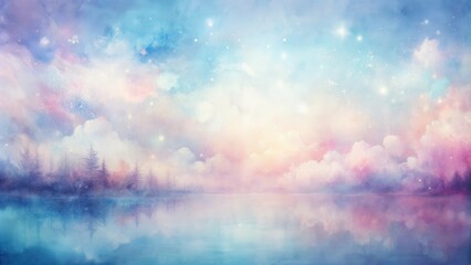 Poster - A Dreamy Landscape with Silhouetted Trees Reflected in a Still Lake, Under a Sky Filled with Stars and Sparkling Dust