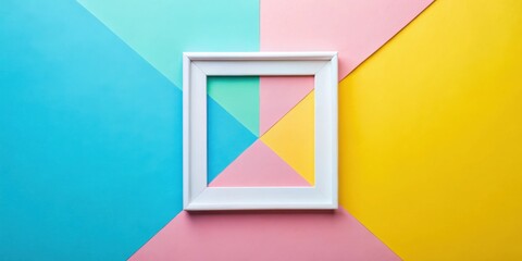 Aufkleber - A white picture frame sits atop a geometric arrangement of blue, yellow, and pink paper.