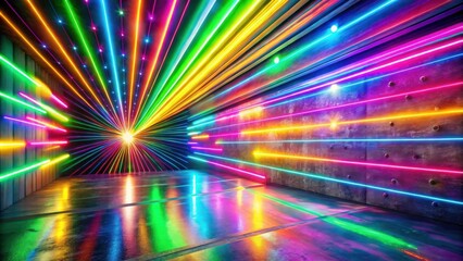 Aufkleber - A kaleidoscope of neon light illuminates an industrial room, reflecting on the polished concrete floor and creating an atmosphere of vibrant energy
