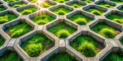 Poster - A geometric pattern of concrete pathways and vibrant green grass, illuminated by the warm glow of the setting sun.