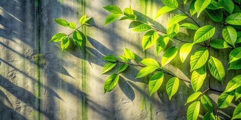 Aufkleber - Green leaves climbing a weathered wall, illuminated by warm sunlight, casting long shadows