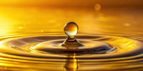 Fototapete - A single water droplet creates ripples on the surface of a golden liquid, reflecting the warm glow of the setting sun.