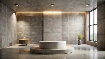 Aufkleber - Modern minimalist interior with concrete walls, a round platform, a small table and a potted plant by a large window