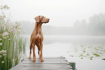 Wall Mural - A sleek, alert dog stands elegantly on a wooden pier, gazing across a tranquil, misty lake surrounded by lush greenery and delicate flowers.