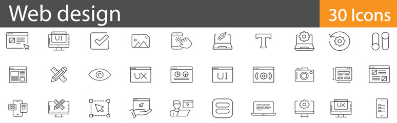 Web Design includes outline vector icons illustrating website layouts, interactive interfaces, programming workflows, and creative digital elements. Editable stroke vector illustration.