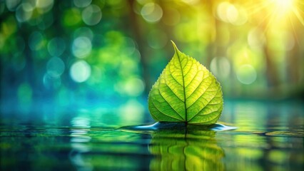 Aufkleber - A single green leaf rests gently on a still pond, reflecting the light of the sun through the trees.