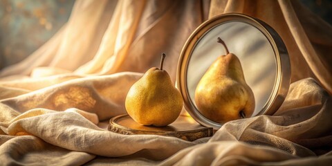 Aufkleber - A golden pear reflects in a circular mirror on a bed of soft fabric, bathed in warm sunlight.
