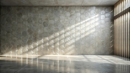 Fototapete - Sunlight streams through the window onto a patterned concrete wall, casting a warm glow across the empty room, creating a tranquil and inviting atmosphere.