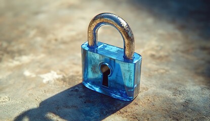 Blue digital padlock icon on a cybersecurity background with code and data protection concepts