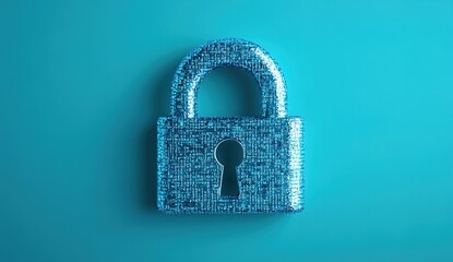 Blue digital padlock icon on a cybersecurity background with code and data protection concepts