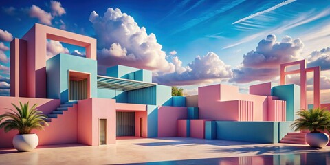 Aufkleber - A Minimalist Architectural Design with Pastel Pink and Blue Walls, Featuring Geometric Shapes and Palm Trees, Under a Sunny Sky with Puffy Clouds