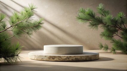 Poster - Stone pedestal with a round platform surrounded by pine tree branches in a natural setting