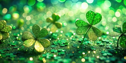 Aufkleber - Sparkling Shamrock Leaves Adorned with Glitter on a Green Background with Defocused Lights