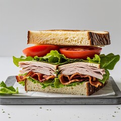 Turkey Club Variation of club sandwich using turkey lettuce tomato and bacon Food portrait photography display on red background