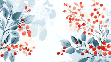 Wall Mural - Winter background design with watercolor brush texture, Flower and botanical leaves watercolor hand drawing. Abstract art wallpaper design for wall arts, wedding and pattern.
