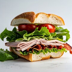 Turkey Club Variation of club sandwich using turkey lettuce tomato and bacon Food portrait photography display on red background